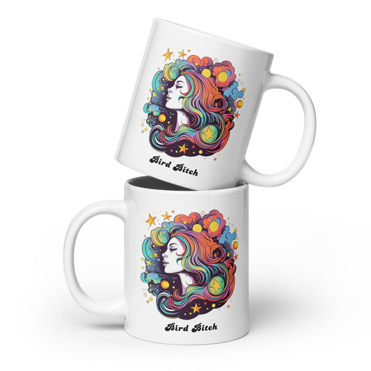 Retro Goddess Bird Bitch, White glossy coffee mug