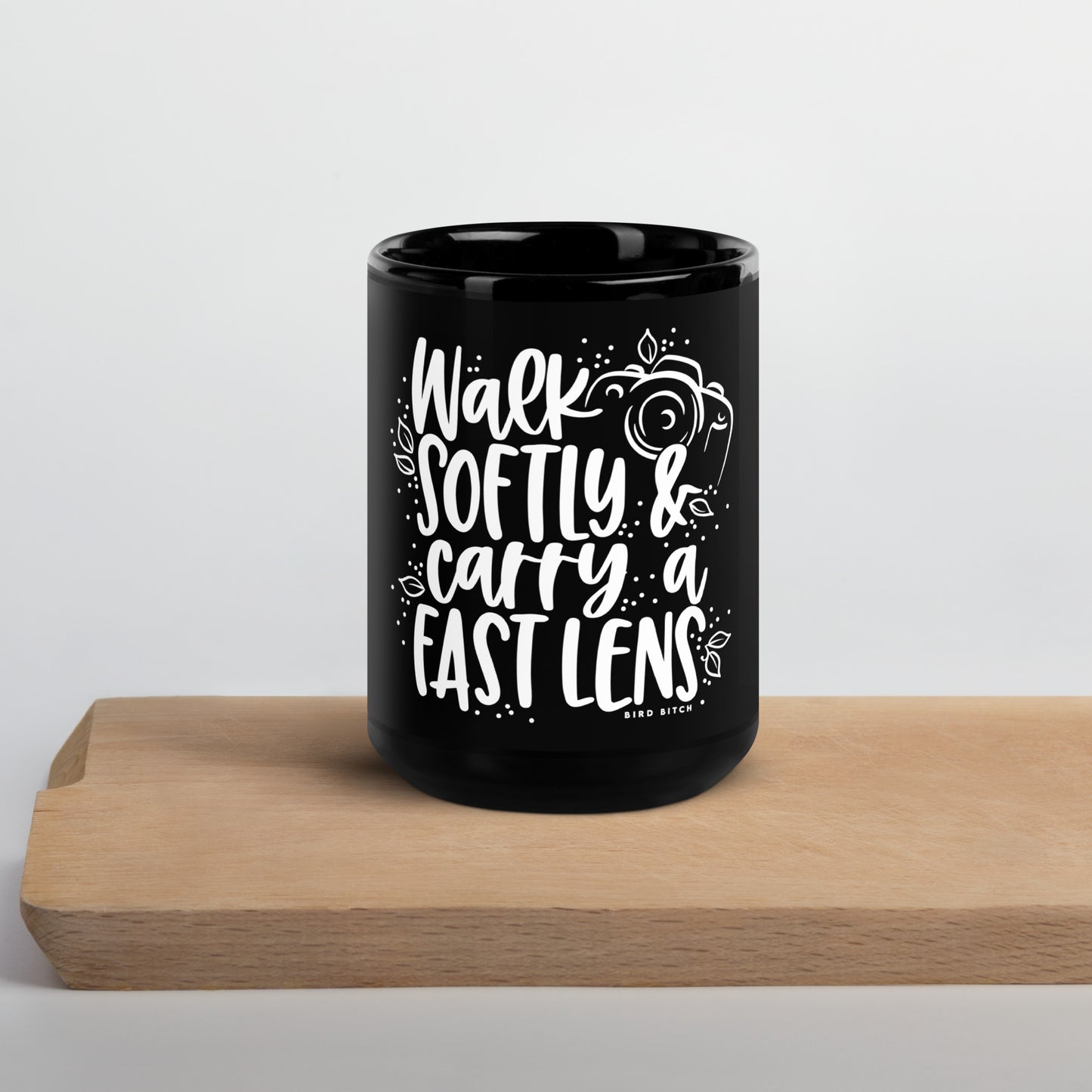 Walk Softly & Carry a Fast Lens, Black Glossy Mug