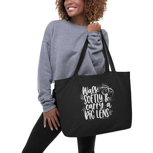 Walk Softly & Carry a Big Lens, Large Tote Bag