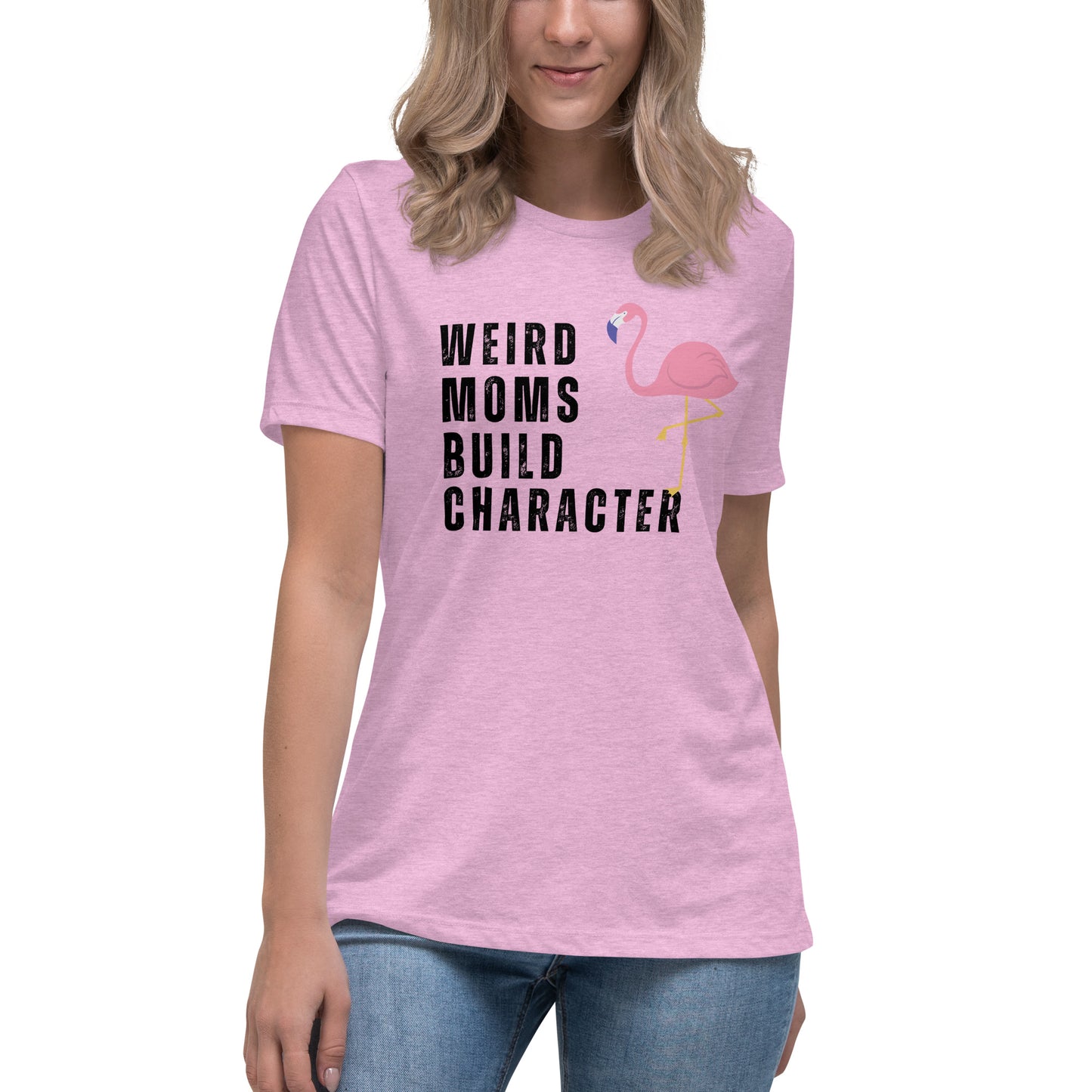 Weird Moms Build Character, Women's Relaxed T-Shirt w/Flamingo